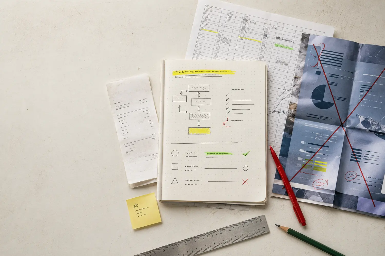An editorial desk with marked-up notes, an invoice, a spreadsheet and a software brochure set aside while the simpler process remains central